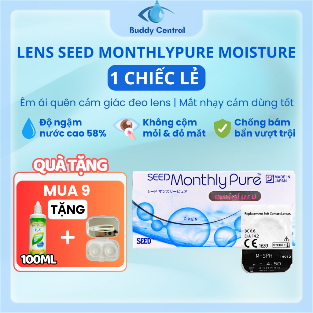 (1 chiếc lẻ) Lens Seed 1 tháng không màu Monthly Pure moisture có độ ...