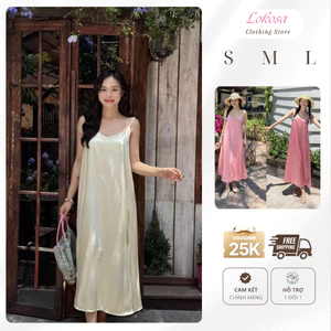 Váy đầm lụa dài hai dây LOKOSA Váy đầm lụa dáng dài suông trẻ trung, Váy đầm 2 dây đi biển VD006