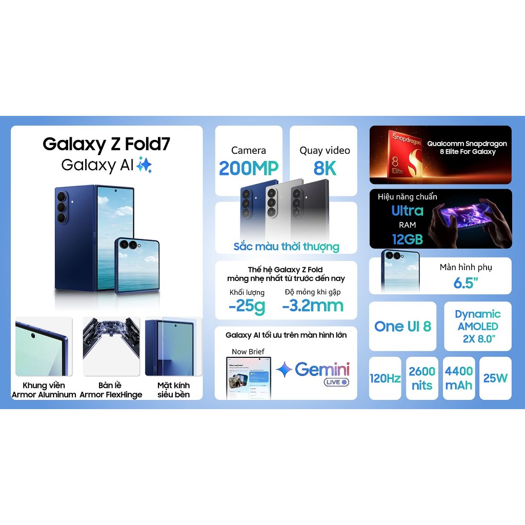 (KOL) Điện Thoại Samsung Galaxy Z Fold7 5G 12GB | 256GB - Màn hình 8", Pin 4400 mAh - Hàng Chính Hãng
