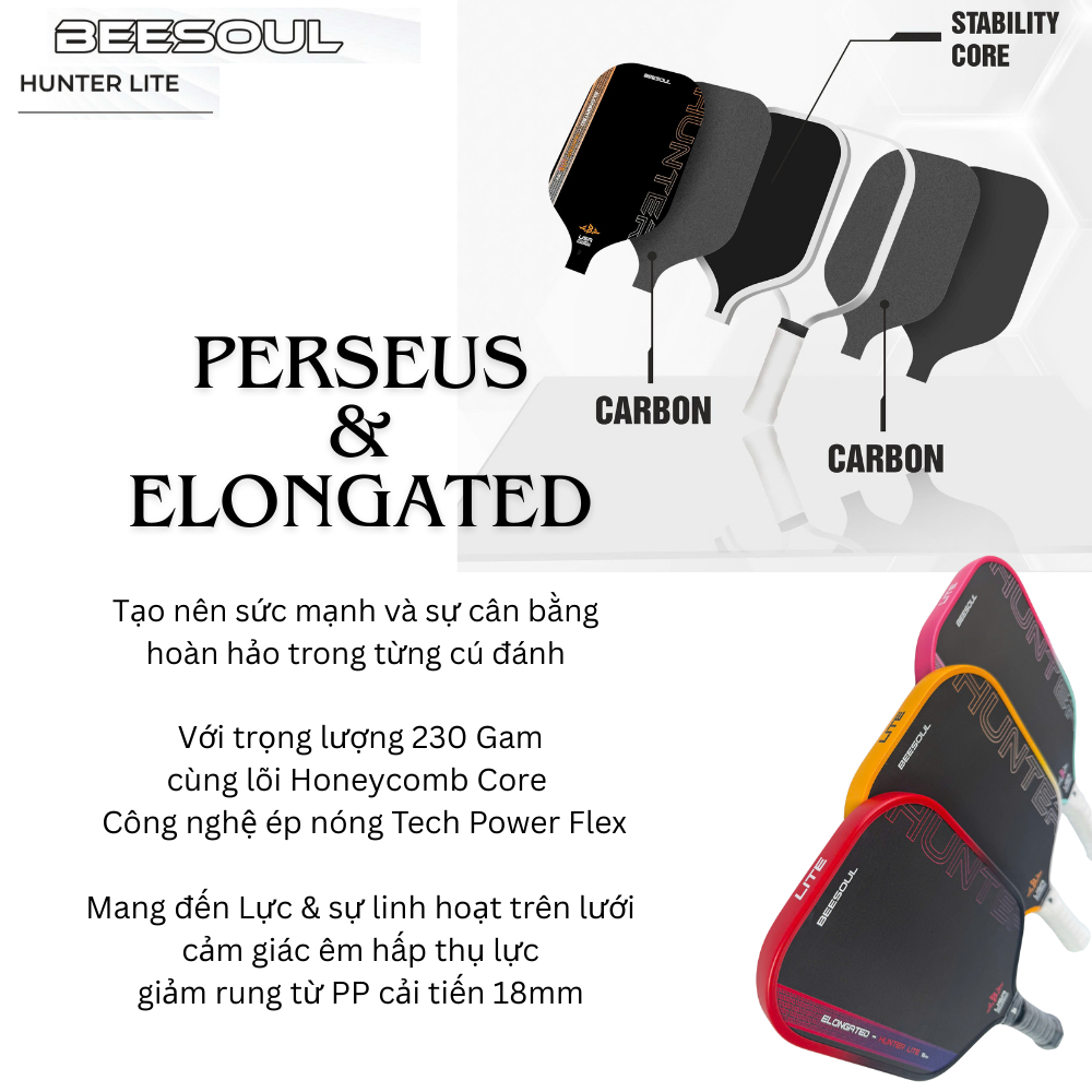 Vợt pickleball Beesoul Hunter Lite 16mm công thủ toàn diện 3 màu công nghệ tối ưu 228gam 01022