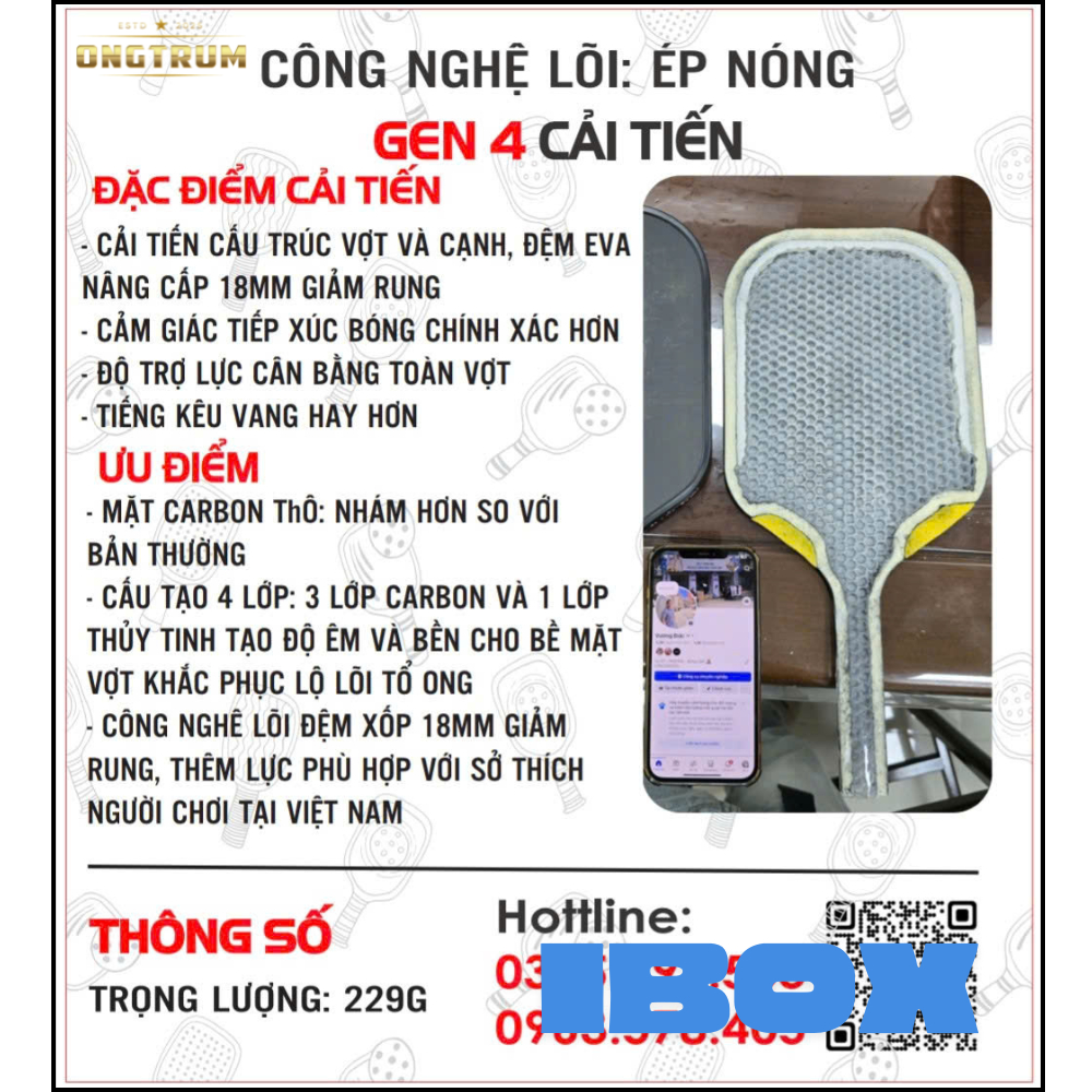 Vợt Pickleball ÔNG TRÙM Siêu Nhám bản 16mm 14mm GEN 4 cải tiến Tặng Moi và HỘP 3 bóng ONGTRUM