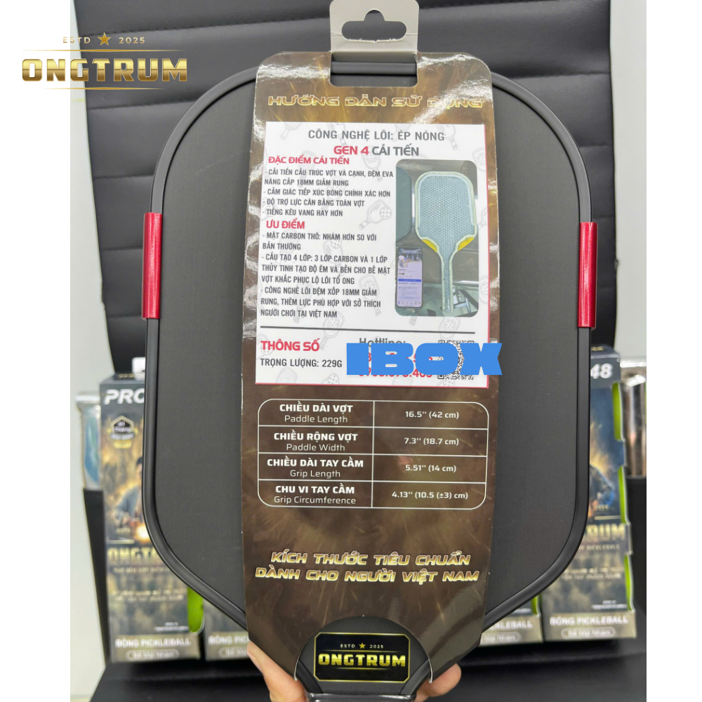 Vợt Pickleball ÔNG TRÙM Siêu Nhám bản 16mm 14mm GEN 4 cải tiến Tặng Moi và HỘP 3 bóng ONGTRUM