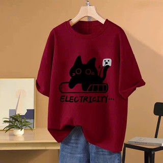 Áo thun phông nữ nam form rộng in hình mèo điện chất liệu cotton khô