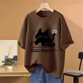 Áo thun phông nữ nam form rộng in hình mèo điện chất liệu cotton khô