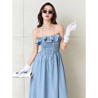 Đầm Dài Striped Maxi Dress Ruffle Detail, Chất Vải Linen Sọc Thoải Mái, WDD085 SOME HOW STORE