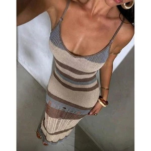 Đầm body kẻ sọc vải dệt kim phối dây sau lưng phong cách Boho (Hàng Order)