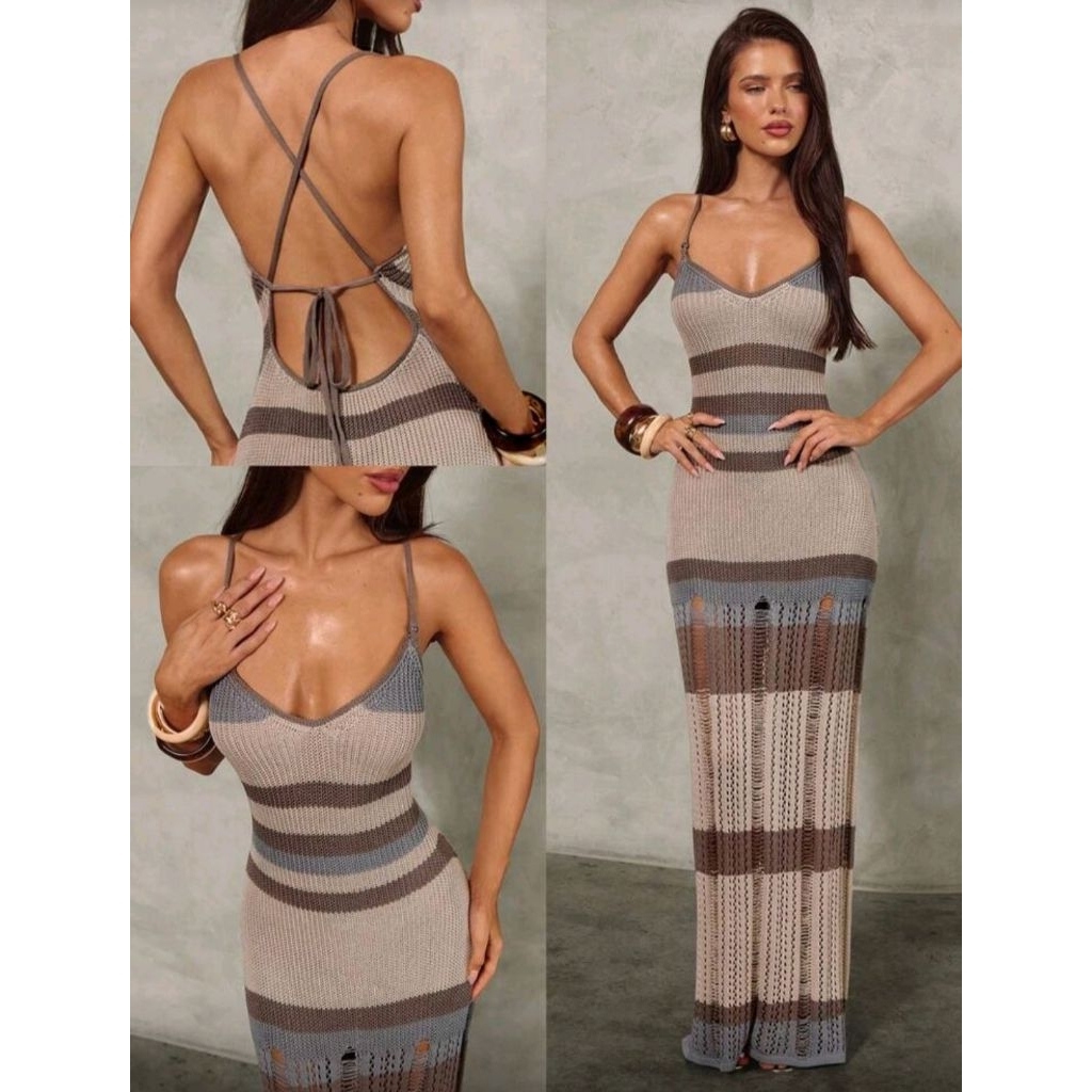 Đầm body kẻ sọc vải dệt kim phối dây sau lưng phong cách Boho (Hàng Order)