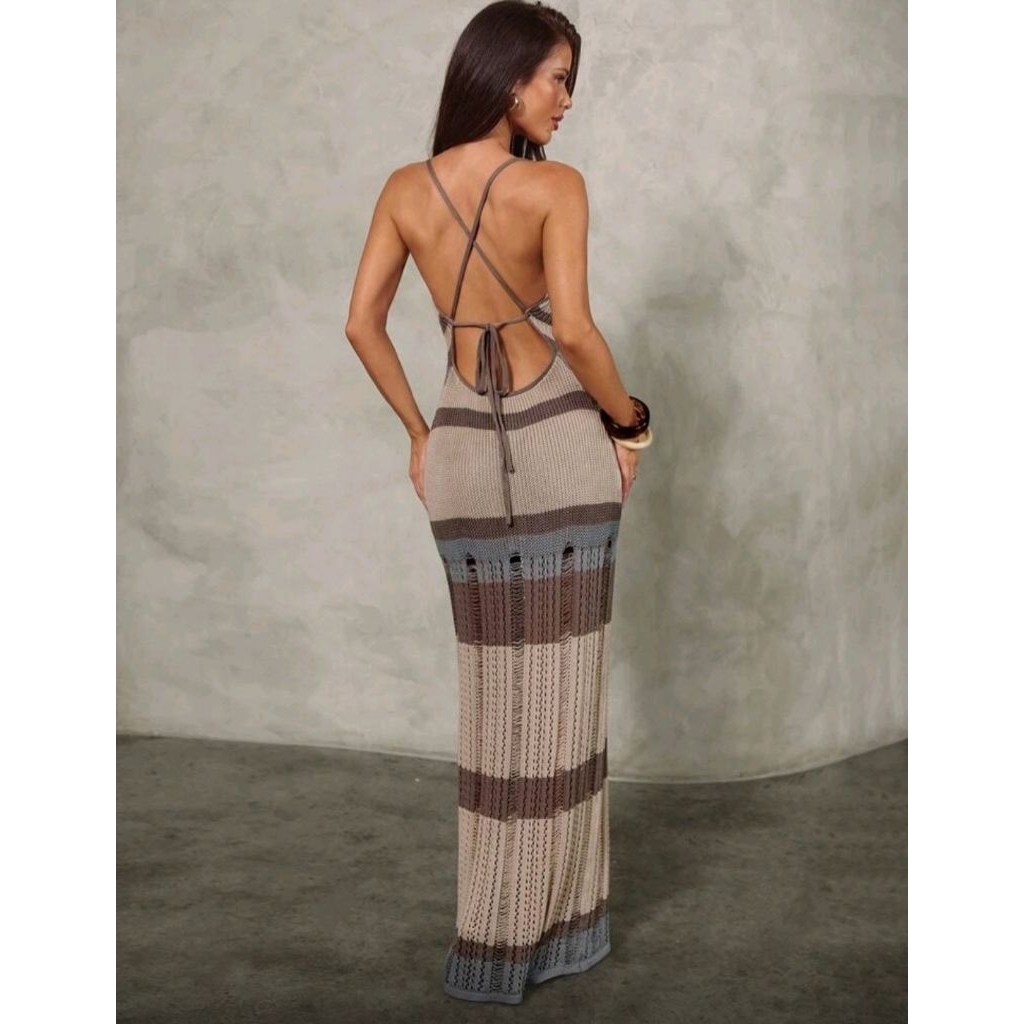 Đầm body kẻ sọc vải dệt kim phối dây sau lưng phong cách Boho (Hàng Order)