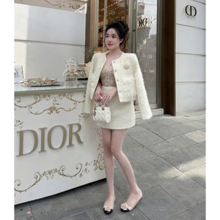 MIMI CLOTHING -Set Váy Trắng Kem Tweed Cao Cấp Kèm Áo Khoác Lông Nhẹ