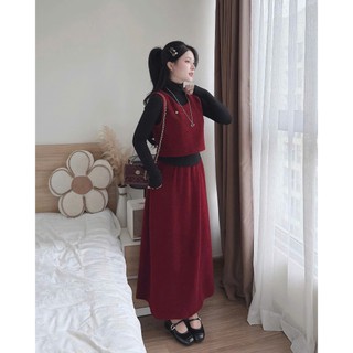 MIMI CLOTHING -Set Váy Đỏ Đô Dáng Dài Phối Áo Cổ Lọ Đen