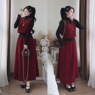 MIMI CLOTHING -Set Váy Đỏ Đô Dáng Dài Phối Áo Cổ Lọ Đen