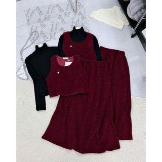 MIMI CLOTHING -Set Váy Đỏ Đô Dáng Dài Phối Áo Cổ Lọ Đen