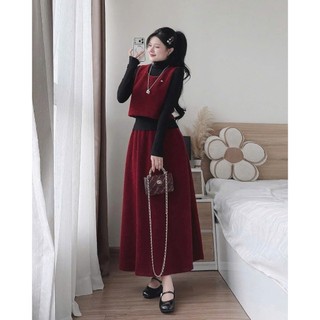 MIMI CLOTHING -Set Váy Đỏ Đô Dáng Dài Phối Áo Cổ Lọ Đen