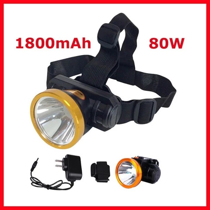 Đèn Pin Đội Đầu Pin Sạc 1 Bóng 80W Siêu Sáng Ánh Sáng Vàng Kèm Bộ Sạc Có Led Báo Đầy