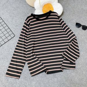 [50-100kg]Áo Thun Nữ Tay Dài Kẻ Sọc Ngang Form Rộng Cho Nữ Chubby Vải Cotton Co Giãn Thoáng Mát A311