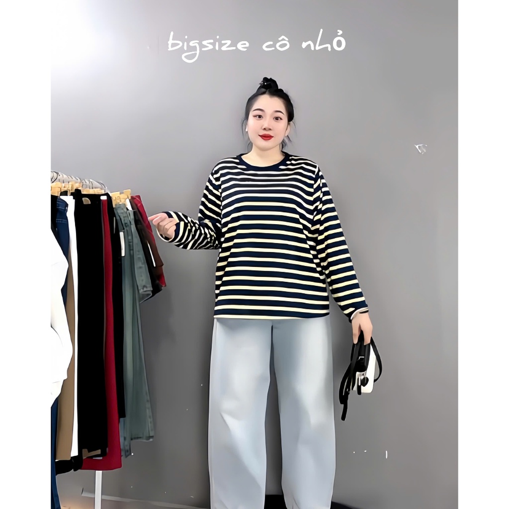 [50-100kg]Áo Thun Nữ Tay Dài Kẻ Sọc Ngang Form Rộng Cho Nữ Chubby Vải Cotton Co Giãn Thoáng Mát A311