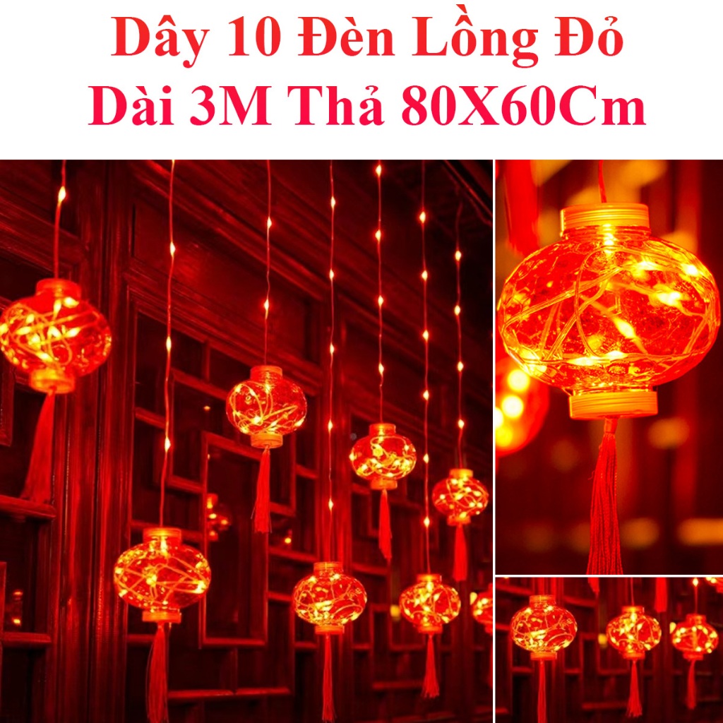 Dây 10 Đèn Lồng Đỏ Trang Trí Tết Năm Mới May Mắn Dài 3M Thả 80X60Cm