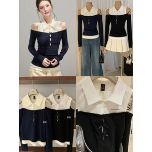 𝐖𝐆𝐖𝐄|Áo Thun Nữ Phối Cổ Sơ Mi Lệch Vai Giả 2 Lớp Đính Nơ – Trễ Vai,Dáng Ôm Tôn Dáng W8625