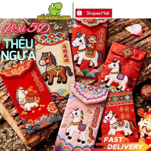 Set 6 Cái Bao Lì Xì Giả Thêu BỐ KHỦNG LONG Hình Ngựa Thổ Cẩm 2026 Dòng Cao Cấp Nhiều Mẫu Hottrend
