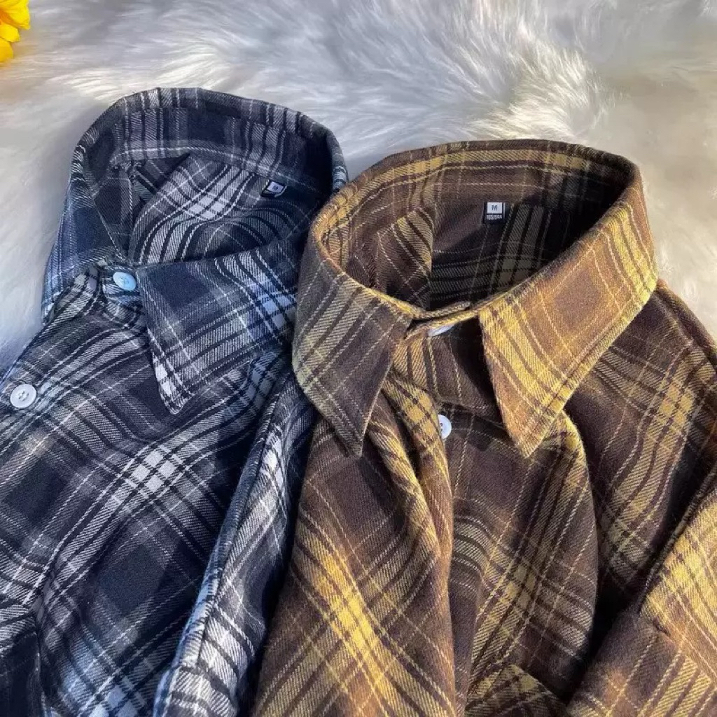 Áo Sơ Mi Caro Nữ Dáng Rộng 2025 – Chất Cotton Mềm Mịn, Phong Cách Retro Hàn Nhật, Áo Sơ Mi Dài Tay Thu Xuân
