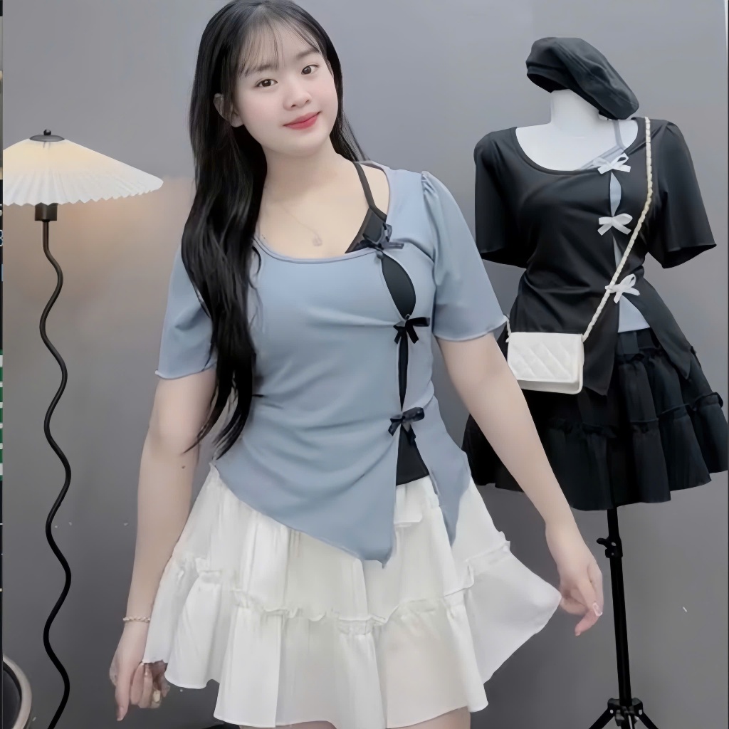 Set Đồ Bigsize Nữ Áo Thun Kiểu + Chân Váy Xòe Lên Phom Xinh Xắn Dễ Thương SET978