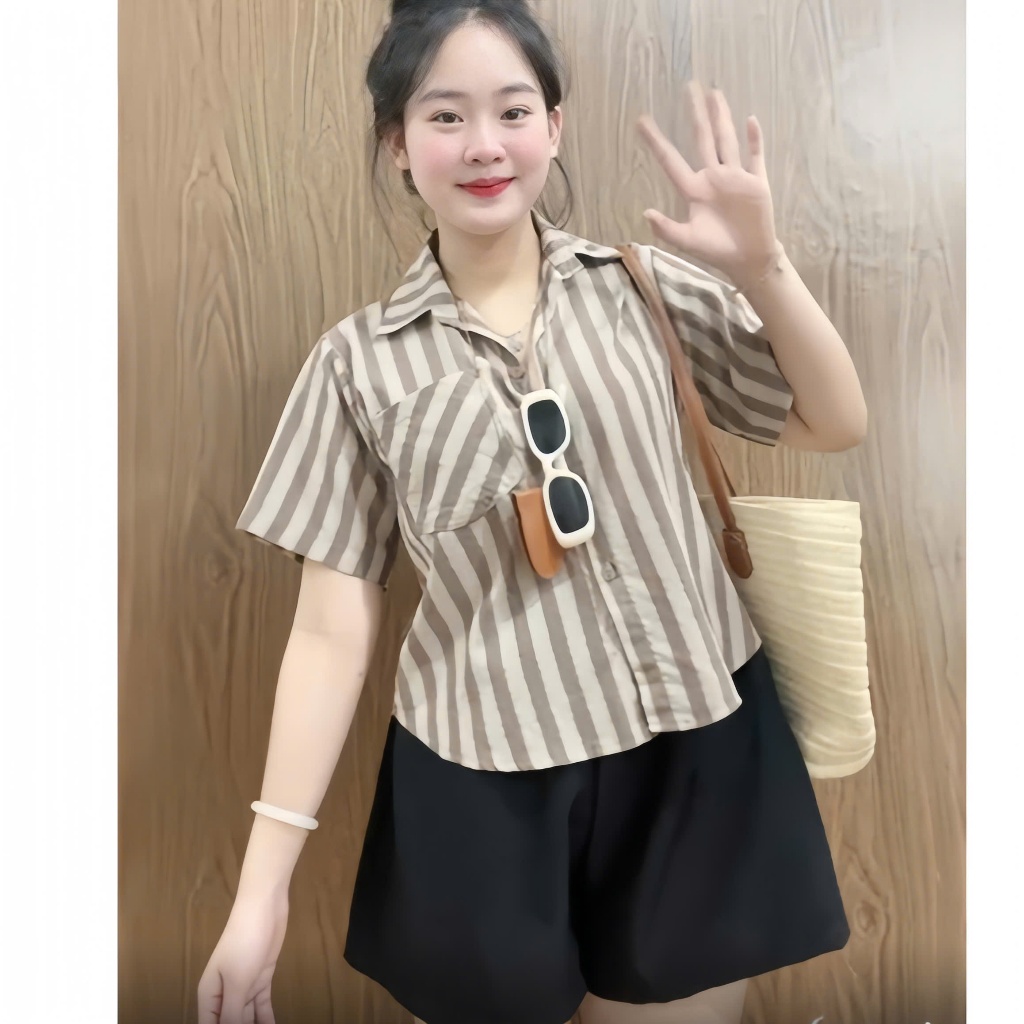 Set Bigsize Cô Nhỏ Nữ Áo Sơ Mi Lenin Kẻ Sọc Tay Ngắn & Quần Short Form Rộng Năng Động Mát Nhẹ - A288+Q500