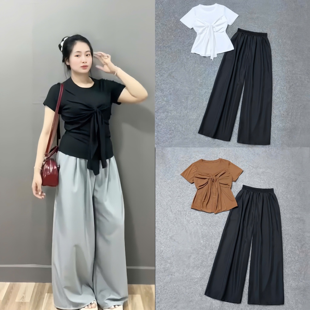 Set Quần Dài Bigisze Nữ Ống Rộng Eo Chun Mix Áo Thun Kiểu Cột Nơ Lên Phom Xinh Xắn SET968