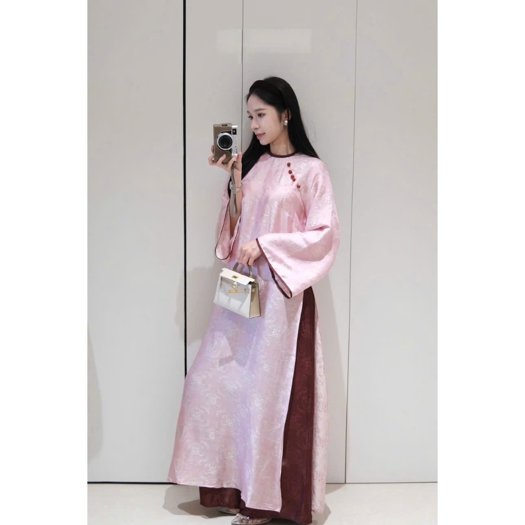 ZIMM STORE-Áo Dài Nữ Cách Tân Hồng Phấn Tay Dài Dáng Suông Thanh Lịch Tôn Dáng