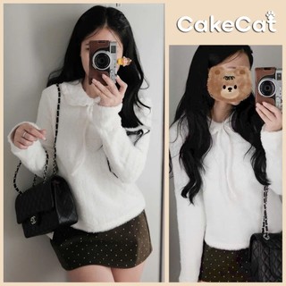 Áo Thun Lông Mịn Cổ Sen Viền Bèo Buộc Nơ Dáng Suông Tiểu Thư Hàn Quốc Cakecat