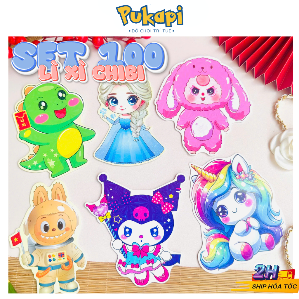 Set 10/50/100 Bao Lì Xì Chibi Combo 100 Lì Xì Năm Mới 2026 Bính Ngọ Hình Ngựa Thần Tài Hoạt Hình-Đồ Chơi Cho Bé PUKAPI