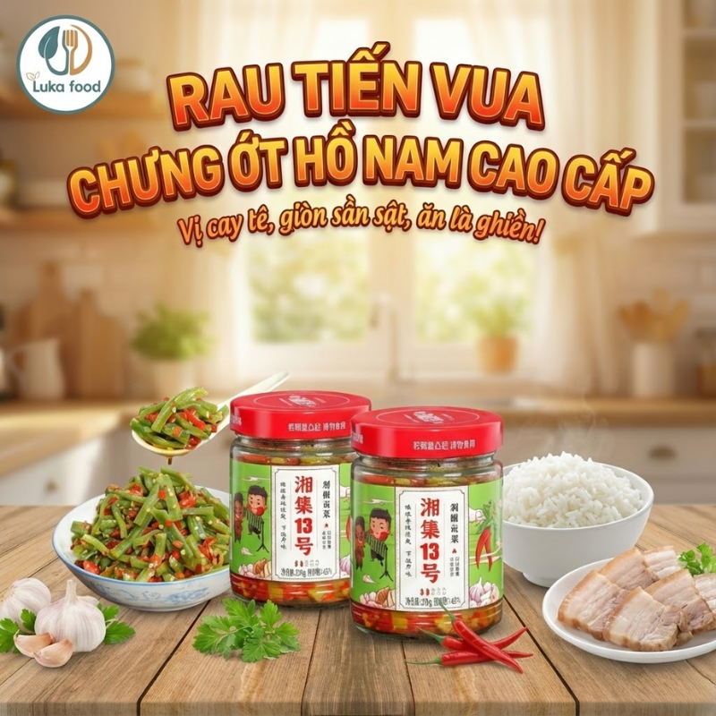 Rau Tiến Vua Chưng Ớt Hồ Nam 238g số 13 - Giòn Sần Sật, Vị Cay Thơm, Đồ Ăn Kèm Cơm, Hàng Loại 1 Chuẩn Nội Địa Luka Food