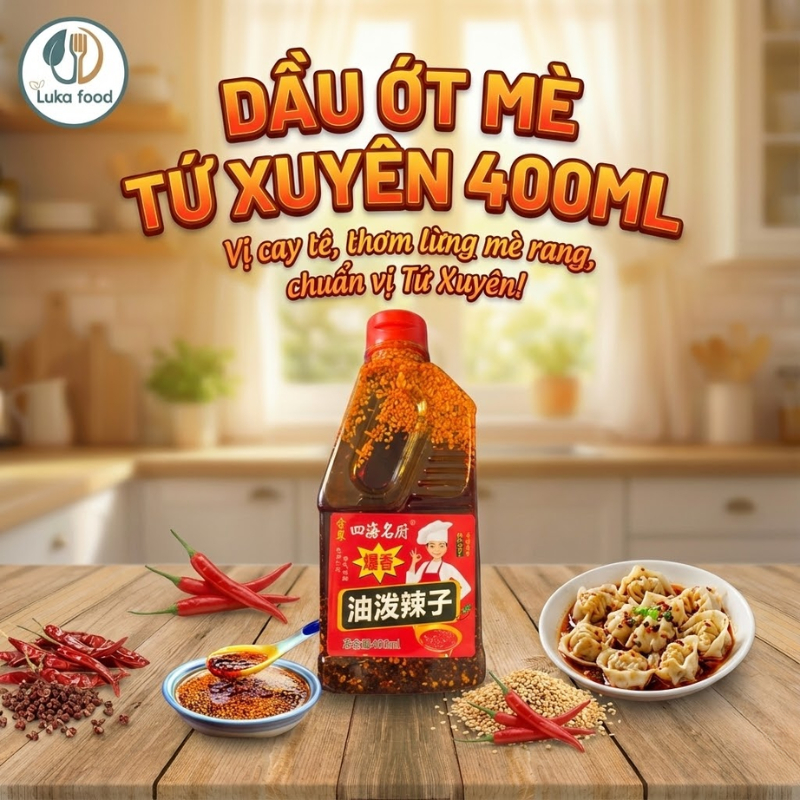 Dầu Ớt Sa Tế Mè Rang Tứ Xuyên 400ml - Vị Cay Nồng, Thơm Phức, Pha Nước Chấm, Ướp Đồ Nướng, Nấu Mì Cay Luka Food