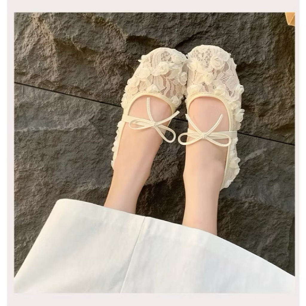 [Peinn] Giày búp bê nữ đế bệt chất ren hoa hồng thắt nơ phong cách lolita trẻ trung cá tính mã qv4