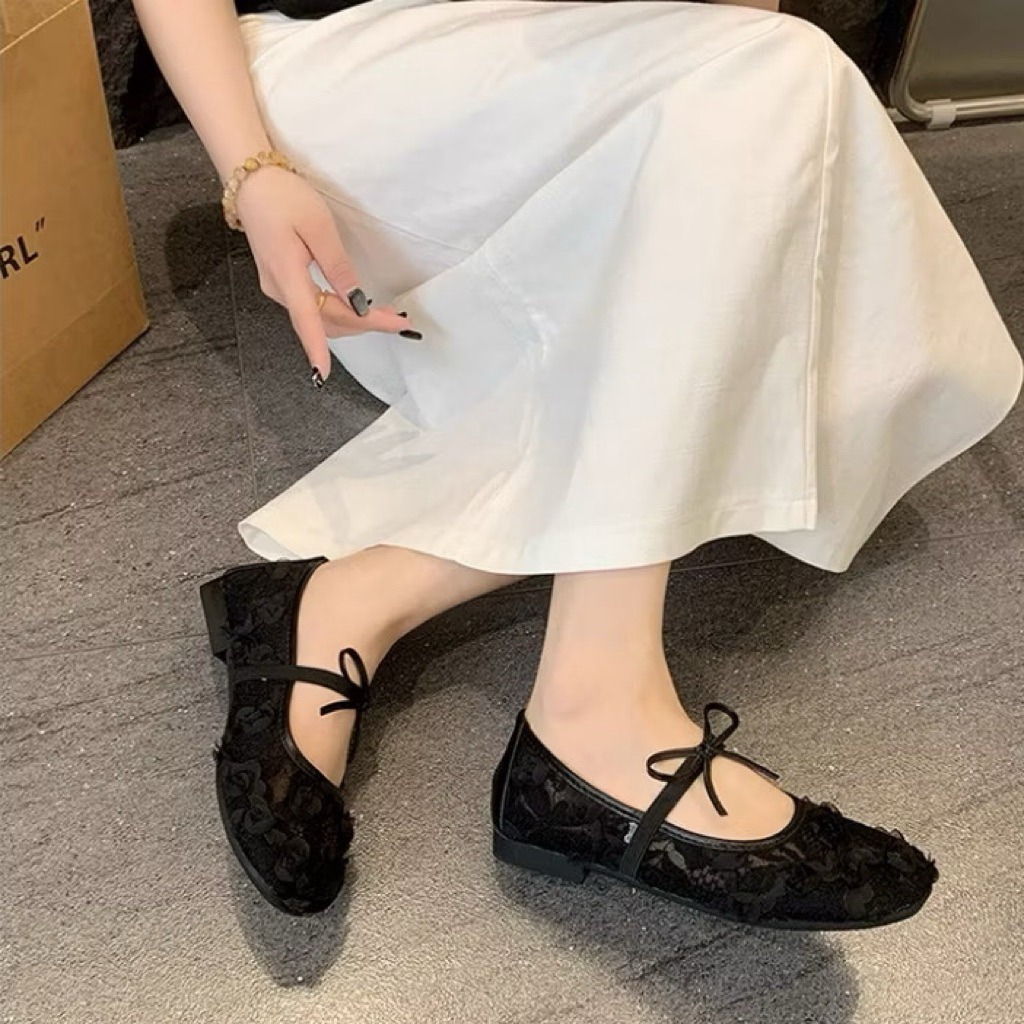 [Peinn] Giày búp bê nữ đế bệt chất ren hoa hồng thắt nơ phong cách lolita trẻ trung cá tính mã qv4