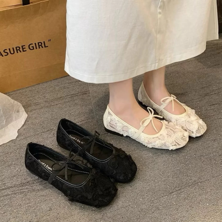 [Peinn] Giày búp bê nữ đế bệt chất ren hoa hồng thắt nơ phong cách lolita trẻ trung cá tính mã qv4
