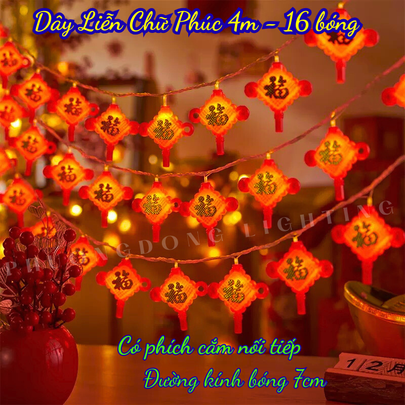 Dây Liễn Đèn LED Chữ Phúc Dài 4m - 16 bóng Trang trí Lễ Tết