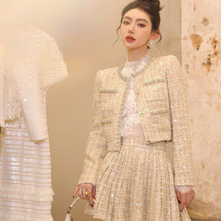 Set áo khoác dạ tweet cổ tròn dáng ngắn đính cườm kết chân chân váy xếp ly phong cách tiểu thư