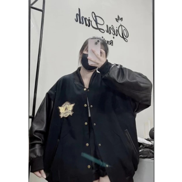 Áo Bomber Nỉ Chữ A Phối Tay Da Unisex Nam Nữ Unisesx Nam Nữ Phong cách Trẻ Trung Cá Tính Năng Động