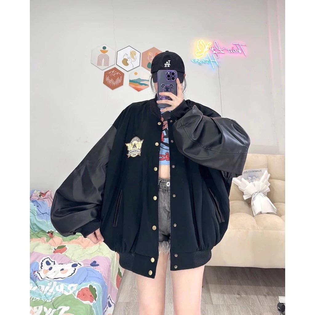 Áo Bomber Nỉ Chữ A Phối Tay Da Unisex Nam Nữ Unisesx Nam Nữ Phong cách Trẻ Trung Cá Tính Năng Động