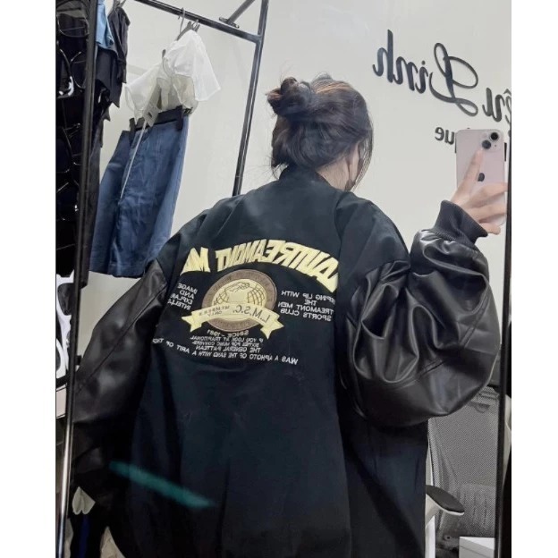 Áo Bomber Nỉ Chữ A Phối Tay Da Unisex Nam Nữ Unisesx Nam Nữ Phong cách Trẻ Trung Cá Tính Năng Động