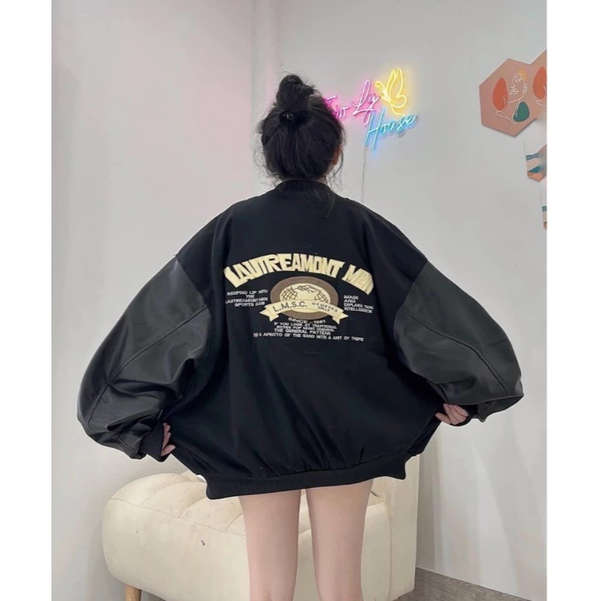 Áo Bomber Nỉ Chữ A Phối Tay Da Unisex Nam Nữ Unisesx Nam Nữ Phong cách Trẻ Trung Cá Tính Năng Động
