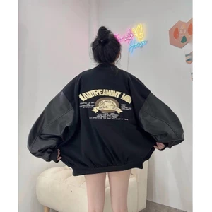 Áo Bomber Nỉ Chữ A Phối Tay Da Unisex Nam Nữ Unisesx Nam Nữ Phong cách Trẻ Trung Cá Tính Năng Động