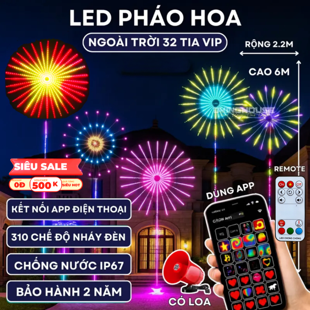 Led Pháo Hoa Trang Trí Ngoài Trời 32 Tia VUA LED, Có Chạy Chữ, Có App Điều Chỉnh, Đã Bao Gồm Khung