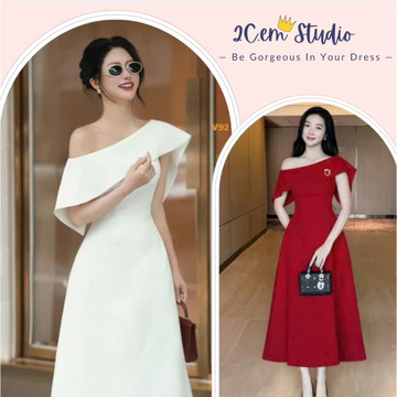 [Tặng Kèm Hoa,Nơ Đá Cài Váy] Váy trắng lệch vai dự tiệc tiểu thư sang chảnh dự tiệc cty cuối năm đẹp