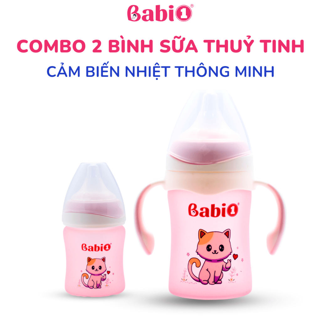 Combo 2 Bình Sữa Thủy Tinh Babi1 Cảm Biến Nhiệt Báo Nóng Chống Trơn Trượt Bể Vỡ (Kèm Quà Tặng)
