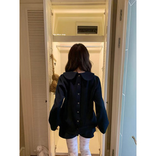 Le rouge | Bộ nỉ Lumi navy set Áo sweatshirt cổ peter pan quần short ngắn (không kèm nơ)