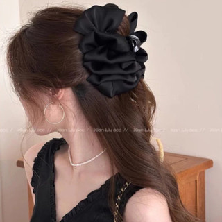 Kẹp tóc nơ đám mây vải lụa nhiều lớp màu đen hottrend Y334