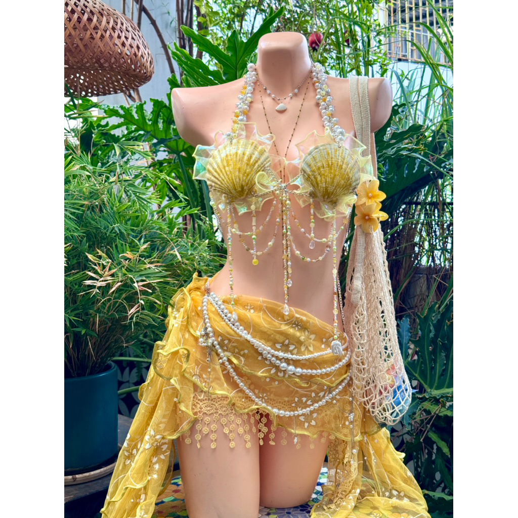 Sét bikini Vỏ Sò Nắng Vàng Ánh Kim.Tặng dây chuyền vỏ sò,chip,2 hoa bất kỳ(chưa bao gồm phụ kiện