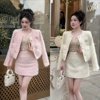 MIMI CLOTHING -Set Váy Trắng Kem Tweed Cao Cấp Kèm Áo Khoác Lông Nhẹ