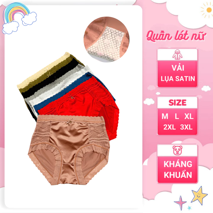 Combo 5 - 10 Quần Lót Nữ Su Lụa Satin, Quần Lót Su Lụa Viền Ren Cạp Cao Tàng Hình Mềm Mịn 38-89kg